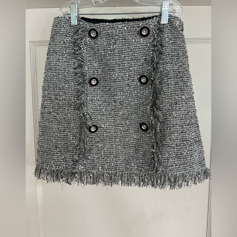 A Loves A Metallic Tweed Fringe High Rise Button Front Skirt NWT